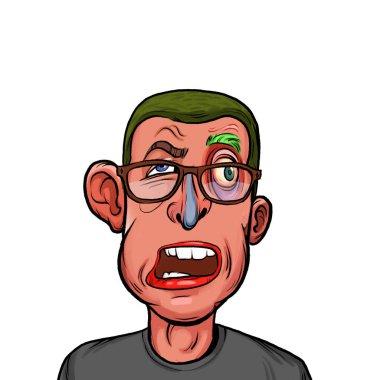 Beyaz arka planda izole edilmiş komik yüz ifadesi olan hayali çizgi film karakterinin karikatür mizahı.