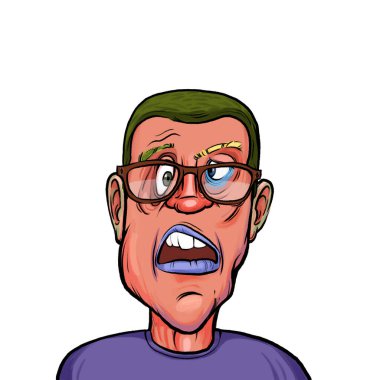 Beyaz arka planda izole edilmiş komik yüz ifadesi olan hayali çizgi film karakterinin karikatür mizahı.