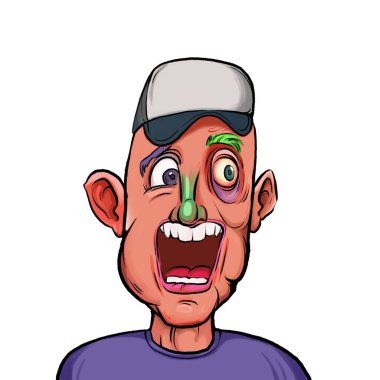 Beyaz arka planda izole edilmiş komik yüz ifadesi olan hayali çizgi film karakterinin karikatür mizahı.