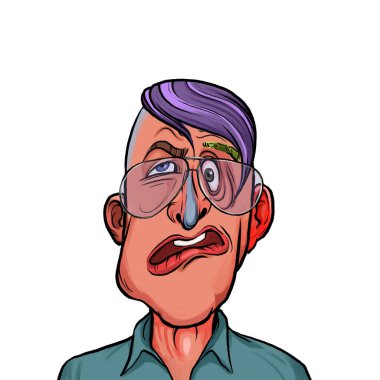 Beyaz arka planda izole edilmiş komik yüz ifadesi olan hayali çizgi film karakterinin karikatür mizahı.