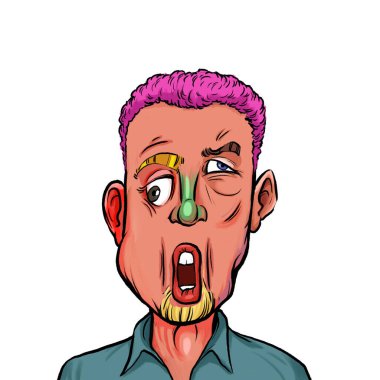 Beyaz arka planda izole edilmiş komik yüz ifadesi olan hayali çizgi film karakterinin karikatür mizahı.