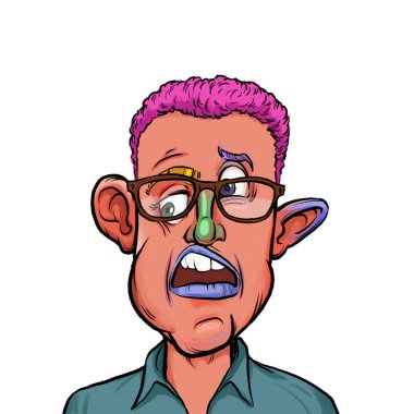 Beyaz arka planda izole edilmiş komik yüz ifadesi olan hayali çizgi film karakterinin karikatür mizahı.