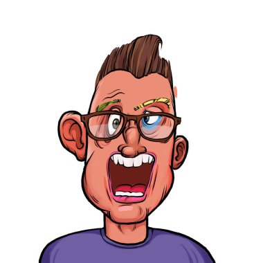 Beyaz arka planda izole edilmiş komik yüz ifadesi olan hayali çizgi film karakterinin karikatür mizahı.