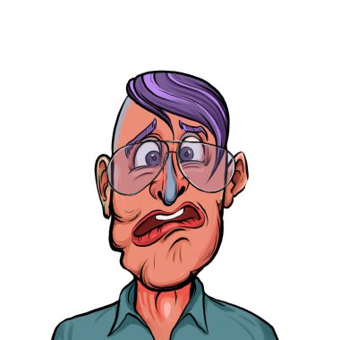 Beyaz arka planda izole edilmiş komik yüz ifadesi olan hayali çizgi film karakterinin karikatür mizahı.