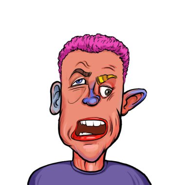 Beyaz arka planda izole edilmiş komik yüz ifadesi olan hayali çizgi film karakterinin karikatür mizahı.