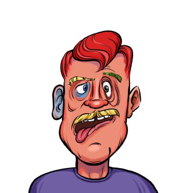 Beyaz arka planda izole edilmiş komik yüz ifadesi olan hayali çizgi film karakterinin karikatür mizahı.