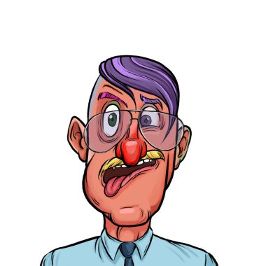 Beyaz arka planda izole edilmiş komik yüz ifadesi olan hayali çizgi film karakterinin karikatür mizahı.