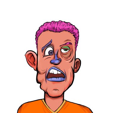 Beyaz arka planda izole edilmiş komik yüz ifadesi olan hayali çizgi film karakterinin karikatür mizahı.