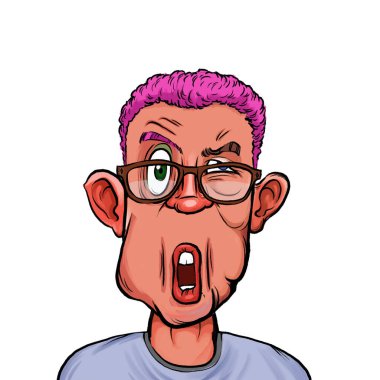 Beyaz arka planda izole edilmiş komik yüz ifadesi olan hayali çizgi film karakterinin karikatür mizahı.