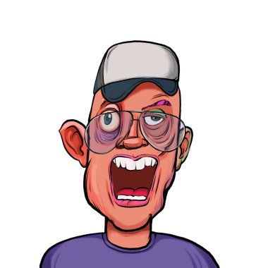 Beyaz arka planda izole edilmiş komik yüz ifadesi olan hayali çizgi film karakterinin karikatür mizahı.