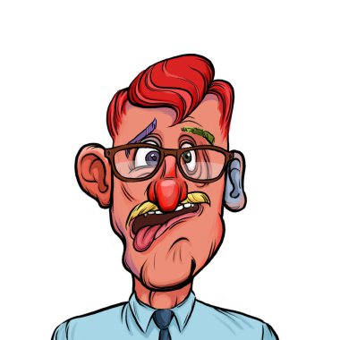 Beyaz arka planda izole edilmiş komik yüz ifadesi olan hayali çizgi film karakterinin karikatür mizahı.