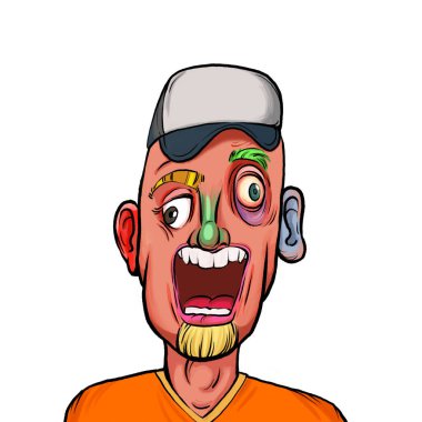 Beyaz arka planda izole edilmiş komik yüz ifadesi olan hayali çizgi film karakterinin karikatür mizahı.