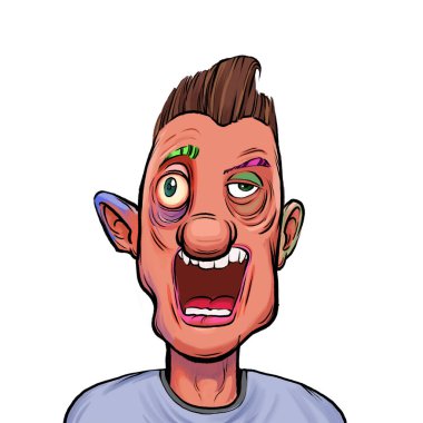 Beyaz arka planda izole edilmiş komik yüz ifadesi olan hayali çizgi film karakterinin karikatür mizahı.