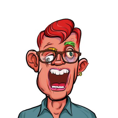 Beyaz arka planda izole edilmiş komik yüz ifadesi olan hayali çizgi film karakterinin karikatür mizahı.