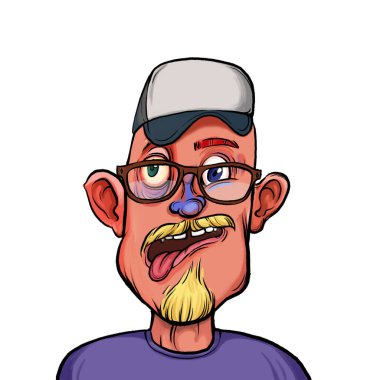 Beyaz arka planda izole edilmiş komik yüz ifadesi olan hayali çizgi film karakterinin karikatür mizahı.