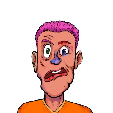 Beyaz arka planda izole edilmiş komik yüz ifadesi olan hayali çizgi film karakterinin karikatür mizahı.