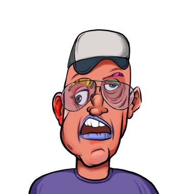 Beyaz arka planda izole edilmiş komik yüz ifadesi olan hayali çizgi film karakterinin karikatür mizahı.