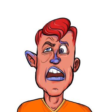 Beyaz arka planda izole edilmiş komik yüz ifadesi olan hayali çizgi film karakterinin karikatür mizahı.