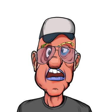 Beyaz arka planda izole edilmiş komik yüz ifadesi olan hayali çizgi film karakterinin karikatür mizahı.