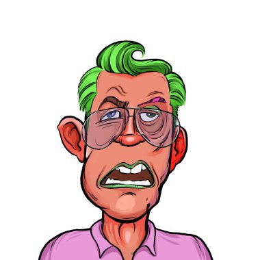 Beyaz arka planda izole edilmiş komik yüz ifadesi olan hayali çizgi film karakterinin karikatür mizahı.