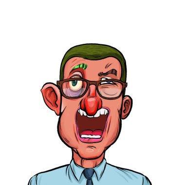 Beyaz arka plan, kafa ve omuz kompozisyonu üzerine izole edilmiş komik yüzlü hayali çizgi film karakterinin karikatür çizimi.