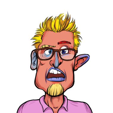 Beyaz arka plan, kafa ve omuz kompozisyonu üzerine izole edilmiş komik yüzlü hayali çizgi film karakterinin karikatür çizimi.