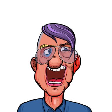 Beyaz arka plan, kafa ve omuz kompozisyonu üzerine izole edilmiş komik yüzlü hayali çizgi film karakterinin karikatür çizimi.