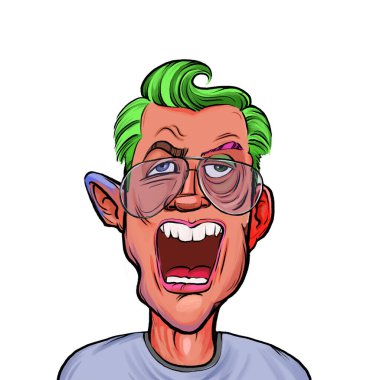 Beyaz arka plan, kafa ve omuz kompozisyonu üzerine izole edilmiş komik yüzlü hayali çizgi film karakterinin karikatür çizimi.