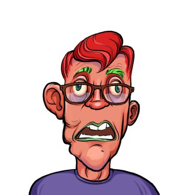 Beyaz arka plan, kafa ve omuz kompozisyonu üzerine izole edilmiş komik yüzlü hayali çizgi film karakterinin karikatür çizimi.