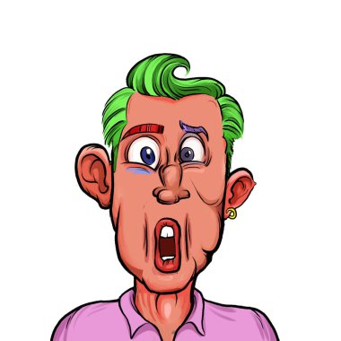 Beyaz arka plan, kafa ve omuz kompozisyonu üzerine izole edilmiş komik yüzlü hayali çizgi film karakterinin karikatür çizimi.