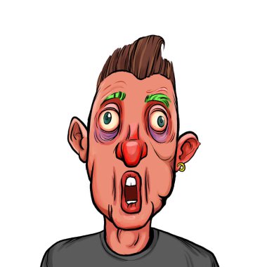 Beyaz arka plan, kafa ve omuz kompozisyonu üzerine izole edilmiş komik yüzlü hayali çizgi film karakterinin karikatür çizimi.