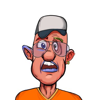 Beyaz arka plan, kafa ve omuz kompozisyonu üzerine izole edilmiş komik yüzlü hayali çizgi film karakterinin karikatür çizimi.