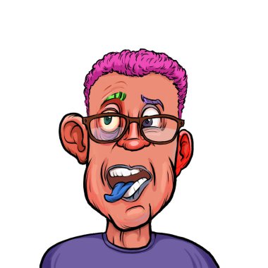 Beyaz arka plan, kafa ve omuz kompozisyonu üzerine izole edilmiş komik yüzlü hayali çizgi film karakterinin karikatür çizimi.