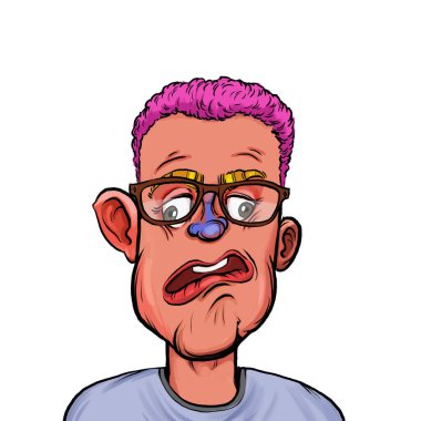 Beyaz arka plan, kafa ve omuz kompozisyonu üzerine izole edilmiş komik yüzlü hayali çizgi film karakterinin karikatür çizimi.