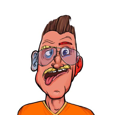 Beyaz arka plan, kafa ve omuz kompozisyonu üzerine izole edilmiş komik yüzlü hayali çizgi film karakterinin karikatür çizimi.