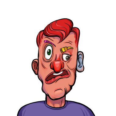 Beyaz arka plan, kafa ve omuz kompozisyonu üzerine izole edilmiş komik yüzlü hayali çizgi film karakterinin karikatür çizimi.