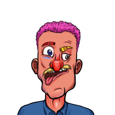 Beyaz arka plan, kafa ve omuz kompozisyonu üzerine izole edilmiş komik yüzlü hayali çizgi film karakterinin karikatür çizimi.