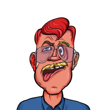 Beyaz arka plan, kafa ve omuz kompozisyonu üzerine izole edilmiş komik yüzlü hayali çizgi film karakterinin karikatür çizimi.