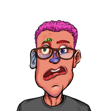 Beyaz arka plan, kafa ve omuz kompozisyonu üzerine izole edilmiş komik yüzlü hayali çizgi film karakterinin karikatür çizimi.