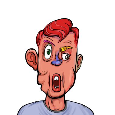 Beyaz arka plan, kafa ve omuz kompozisyonu üzerine izole edilmiş komik yüzlü hayali çizgi film karakterinin karikatür çizimi.