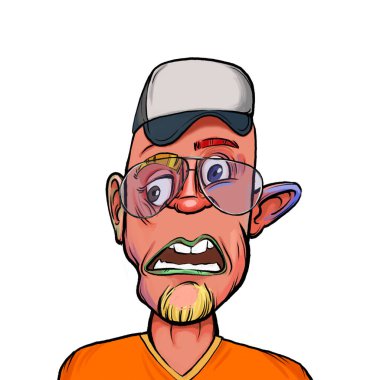 Beyaz arka planda izole edilmiş komik yüz ifadesi olan hayali çizgi film karakterinin karikatür mizahı.