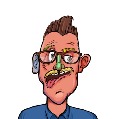 Beyaz arka plan, kafa ve omuz kompozisyonu üzerine izole edilmiş komik yüzlü hayali çizgi film karakterinin karikatür çizimi.