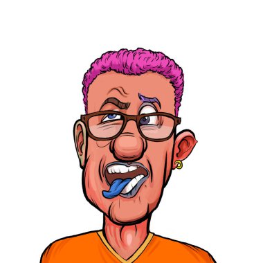 Beyaz arka plan, kafa ve omuz kompozisyonu üzerine izole edilmiş komik yüzlü hayali çizgi film karakterinin karikatür çizimi.