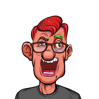 Beyaz arka plan, kafa ve omuz kompozisyonu üzerine izole edilmiş komik yüzlü hayali çizgi film karakterinin karikatür çizimi.