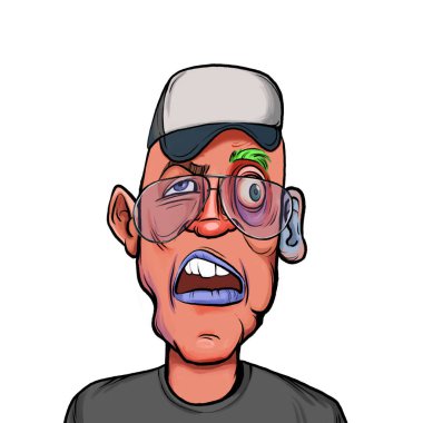 Beyaz arka plan, kafa ve omuz kompozisyonu üzerine izole edilmiş komik yüzlü hayali çizgi film karakterinin karikatür çizimi.