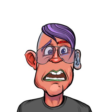 Beyaz arka plan, kafa ve omuz kompozisyonu üzerine izole edilmiş komik yüzlü hayali çizgi film karakterinin karikatür çizimi.