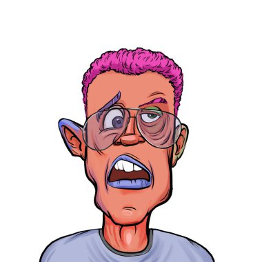 Beyaz arka planda izole edilmiş komik yüz ifadesi olan hayali çizgi film karakterinin karikatür mizahı.