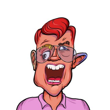 Beyaz arka plan, kafa ve omuz kompozisyonu üzerine izole edilmiş komik yüzlü hayali çizgi film karakterinin karikatür çizimi.