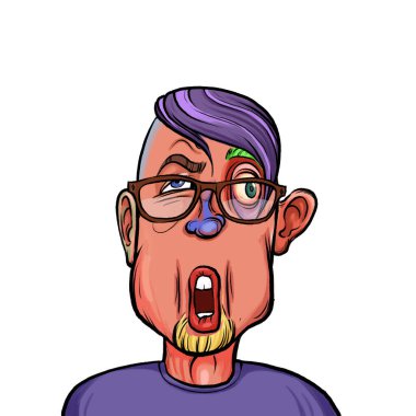 Beyaz arka plan, kafa ve omuz kompozisyonu üzerine izole edilmiş komik yüzlü hayali çizgi film karakterinin karikatür çizimi.