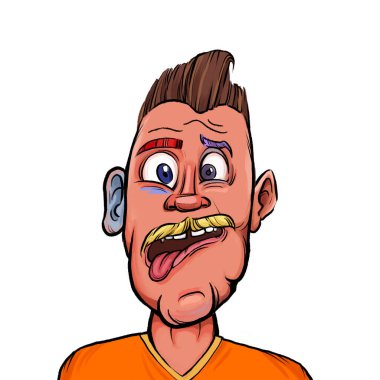 Beyaz arka plan, kafa ve omuz kompozisyonu üzerine izole edilmiş komik yüzlü hayali çizgi film karakterinin karikatür çizimi.